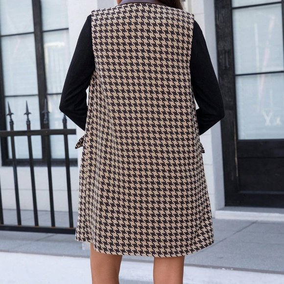 Houndstooth Print Double Breasted Belted Vest Overcoat Brown - Picture 4 of 6